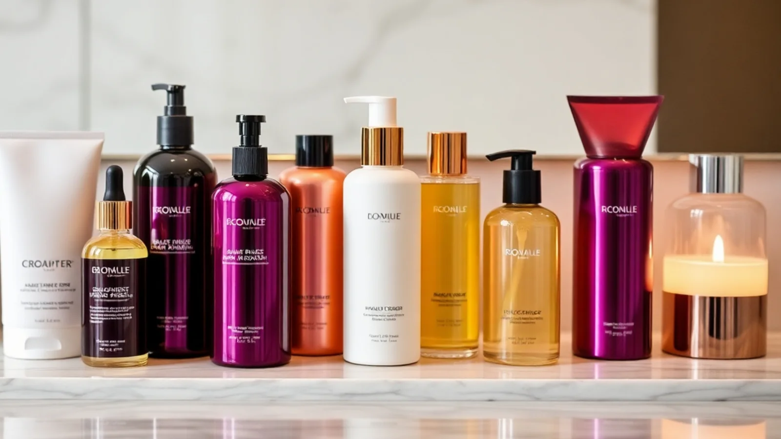Prestige haircare bottles in jewel tones beside a lit candle