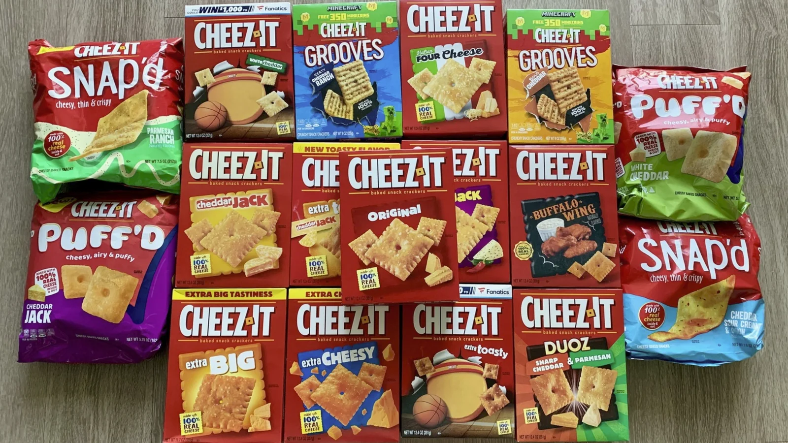 A spread of Cheez-It cracker boxes and bags