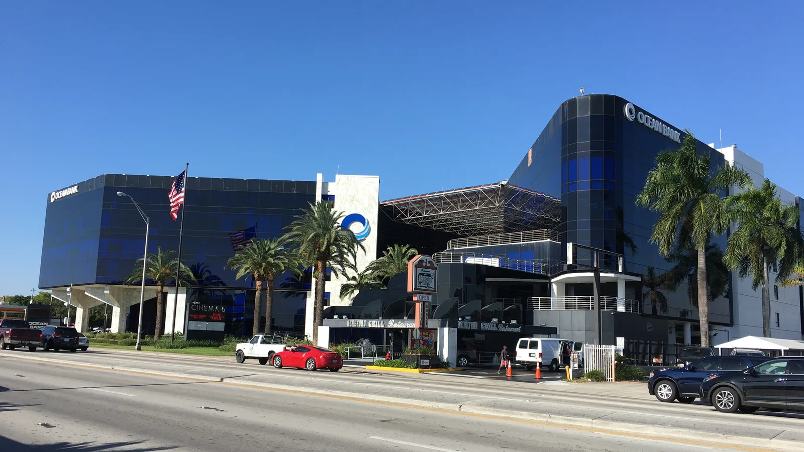 The glass headquarters of a Florida bank beside a palm lined street
