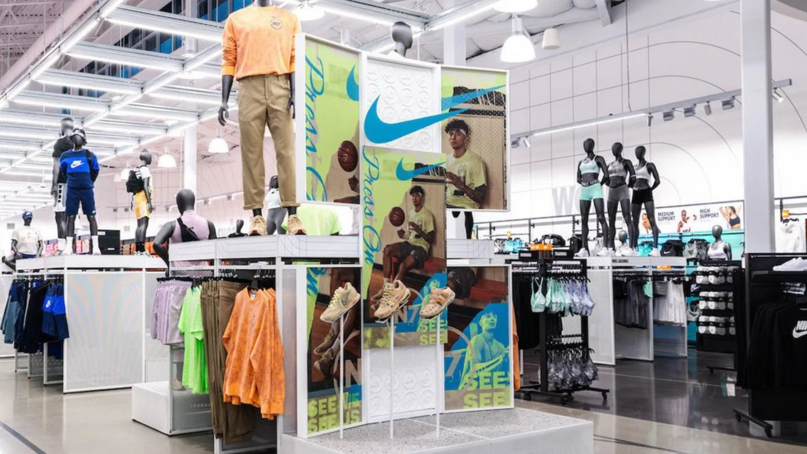 A sportswear retail floor with branded displays