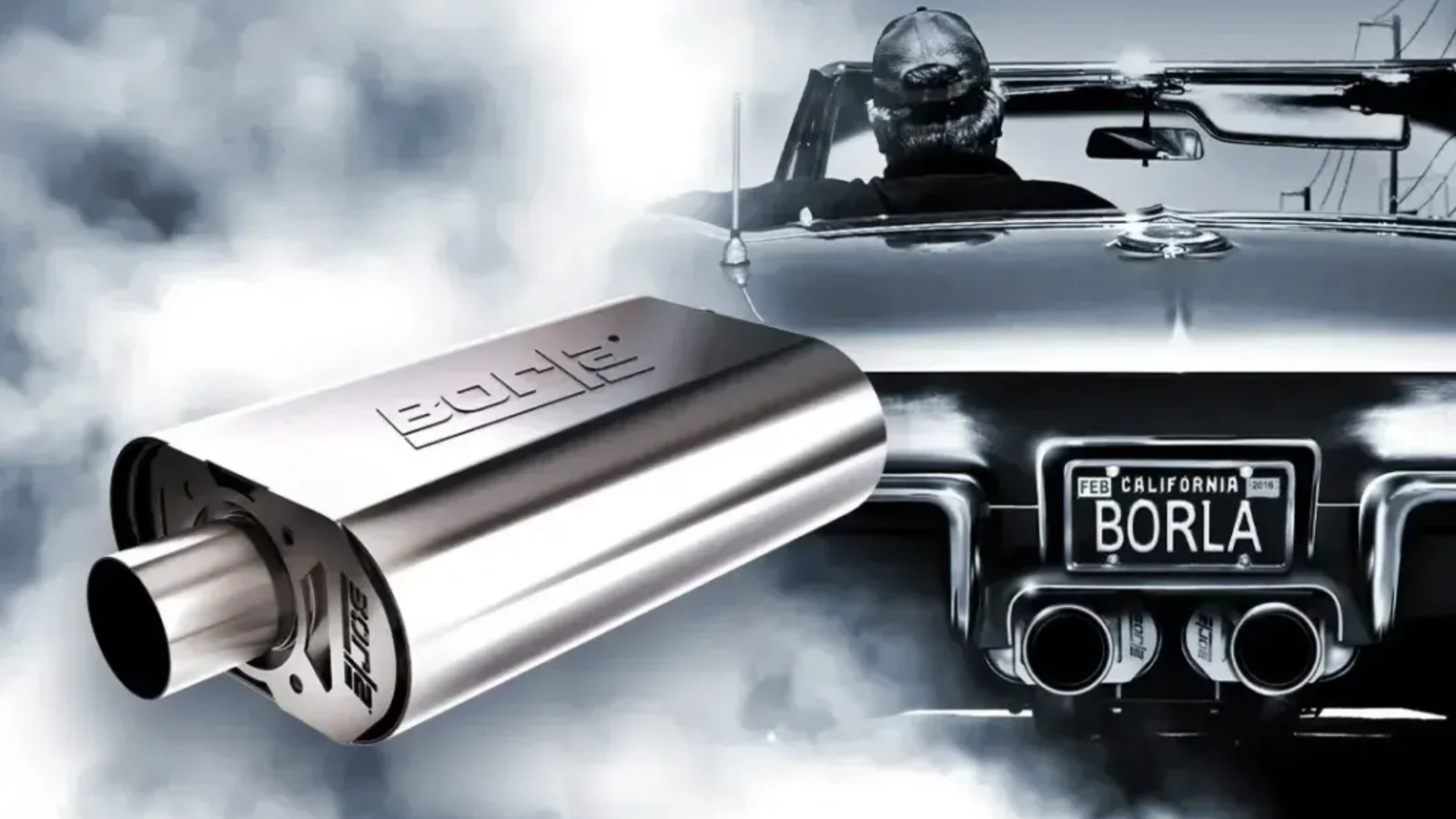 A polished performance exhaust muffler and tips in studio smoke