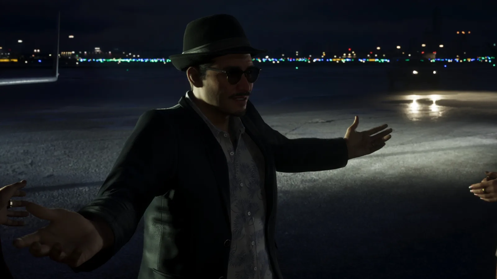 Andres de Leon gesturing on the tarmac beside his private jet at night in GTA 6.