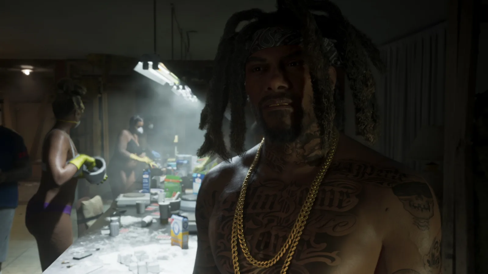 Raymond shirtless with gold chains in the Venture Apartments drug lab while masked cooks work behind him in GTA 6.