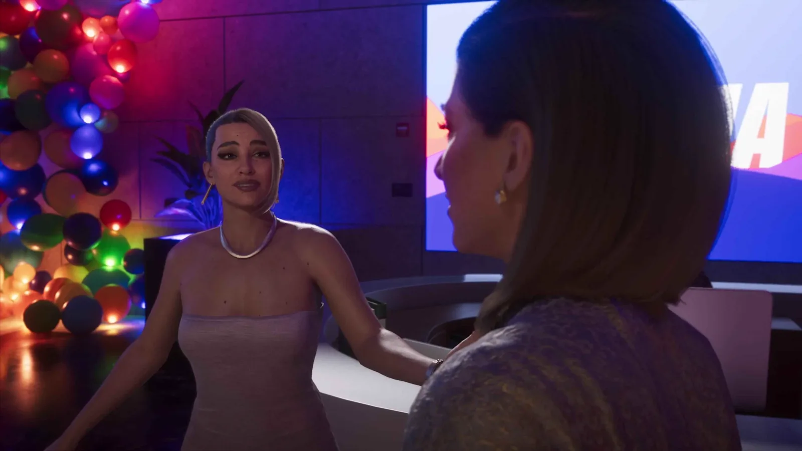 Valentina in a white dress talking with a guest under the balloon arch at the Megamundo gala in GTA 6.