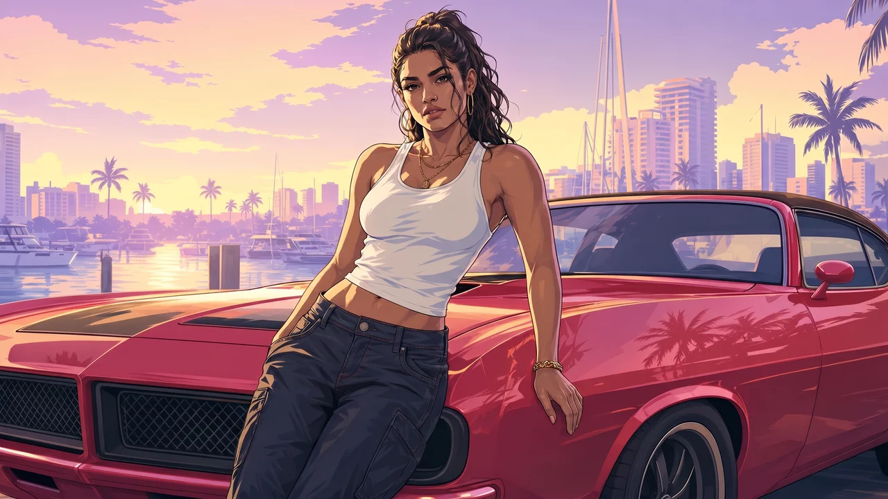 Characters database: Lucia at a Vice City marina at golden hour