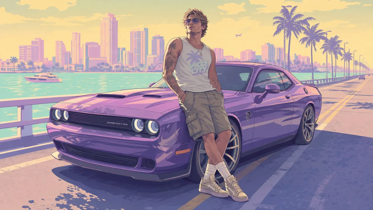 Vehicles database: driver leaning on a tuned muscle car on the Vice City causeway