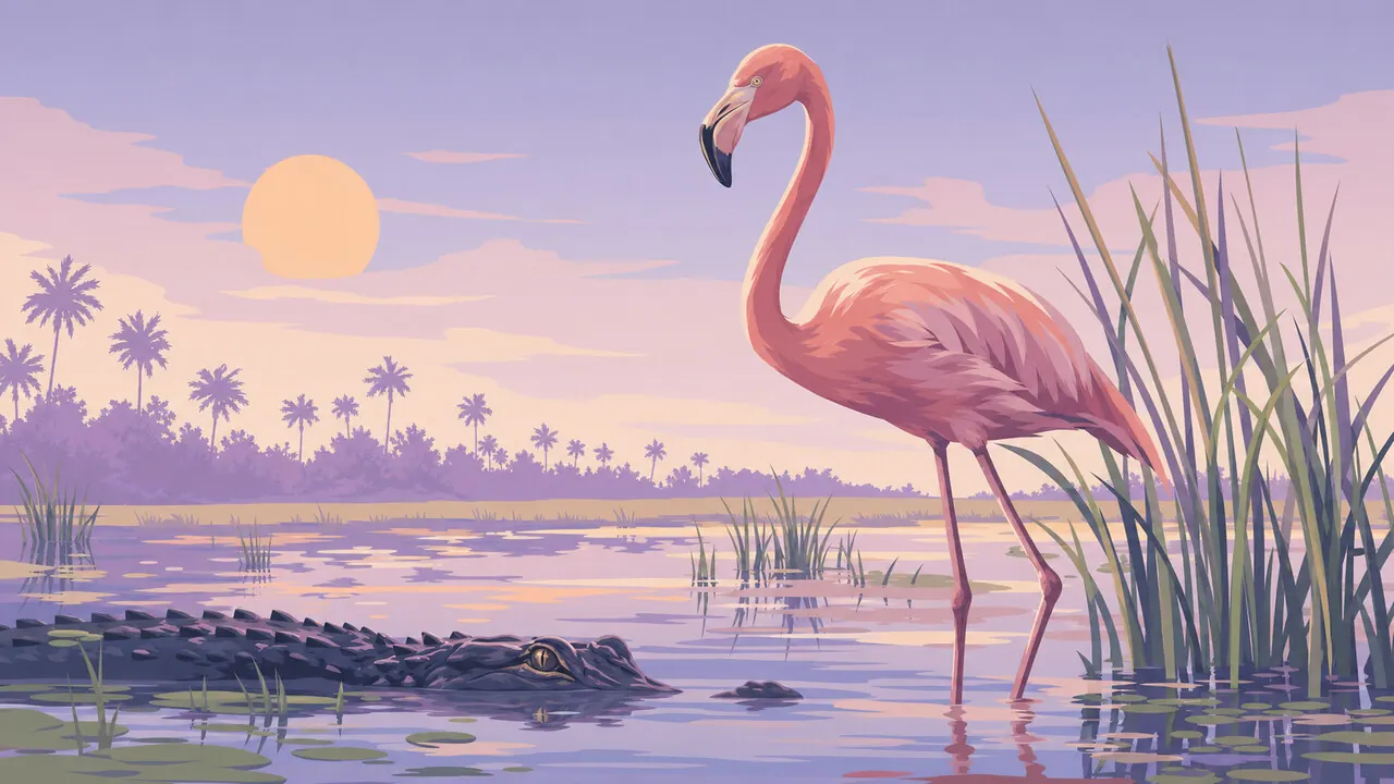 Wildlife database: flamingo and alligator at the Everglades at dusk