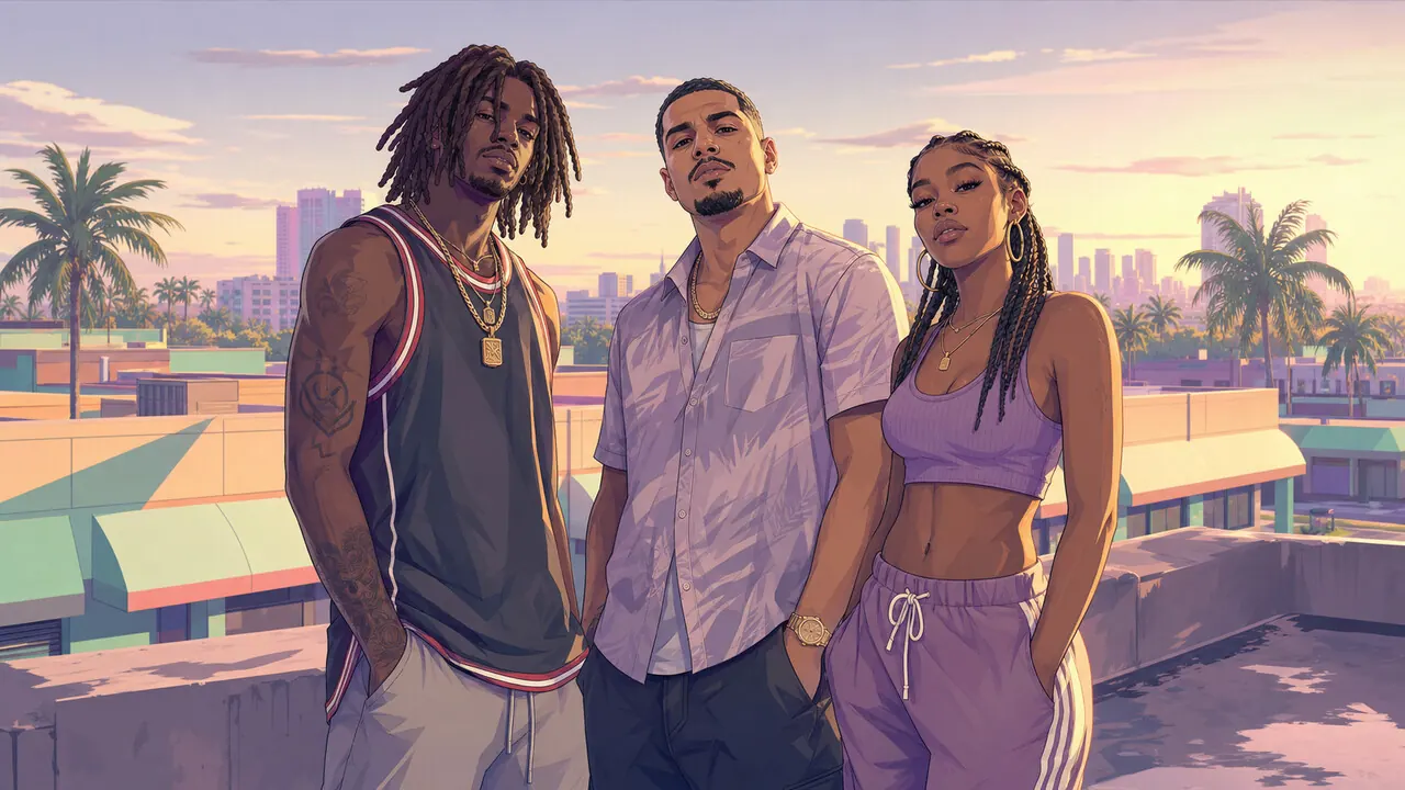 Gangs database: a crew of three on a Vice City strip-mall rooftop