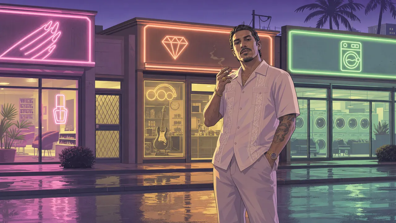 Businesses database: a neon-lit Vice City strip at night with a nail salon, pawn shop and laundromat