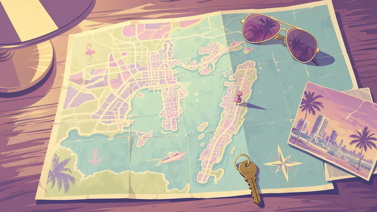 A–Z Index: vintage Vice City paper map with aviators, a brass key and a postcard