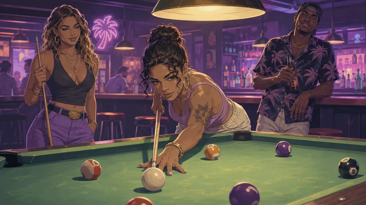 Activities database: friends playing pool in a neon-lit Vice City bar