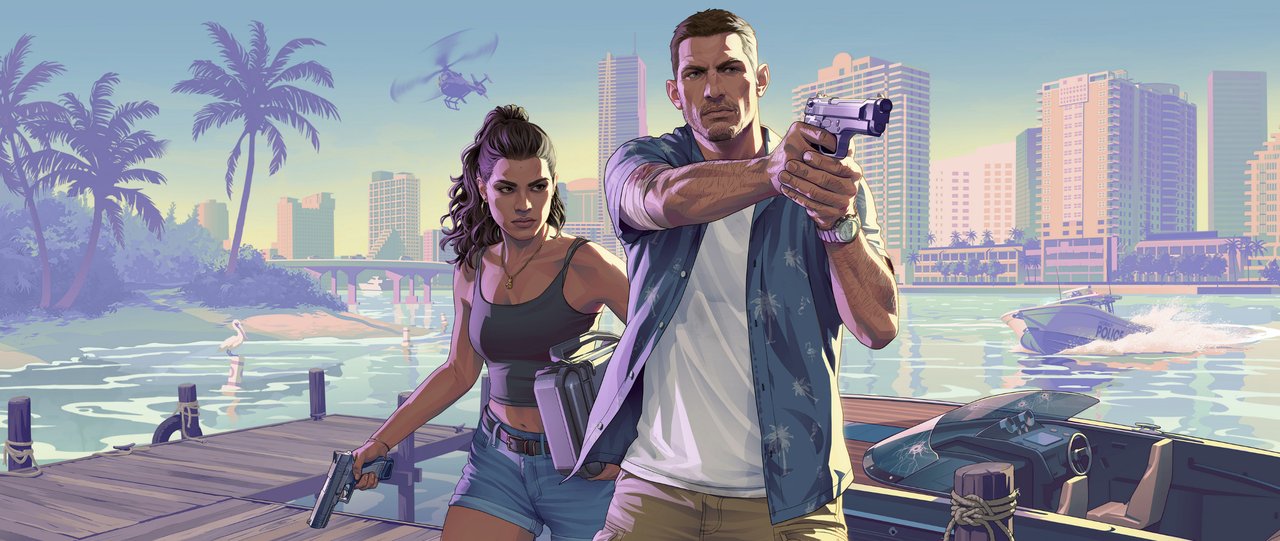 Jason Duval and Lucia Caminos on a Vice City dock at sunset, with the skyline and a police boat in the background