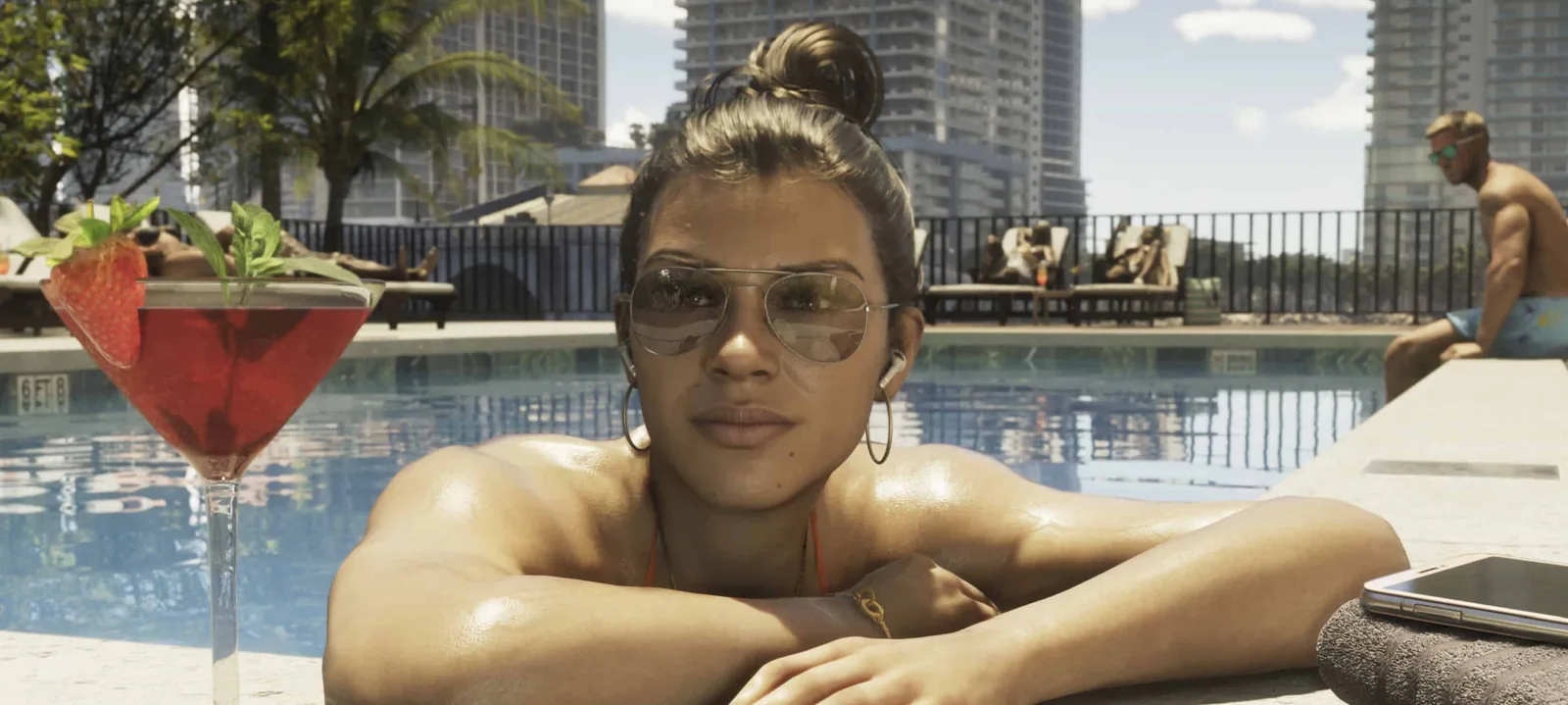 GTA 6 Trailer 1 scene showing Vice City’s neon coastline and protagonist Lucia Caminos