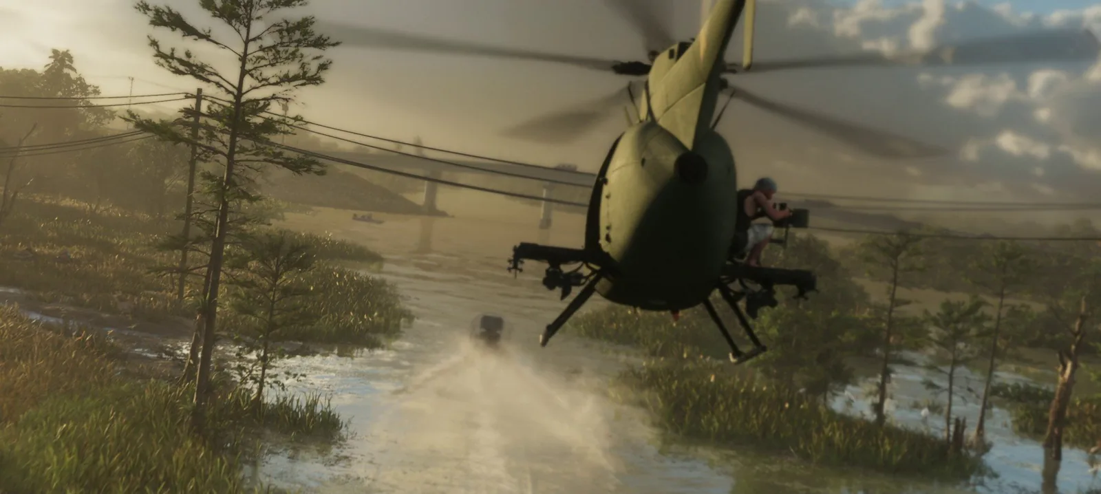 Airboat chase across a Leonida swamp at golden hour with a shooter leaning out of a low-flying helicopter, echoing the multi-region action originally imagined for Project Americas