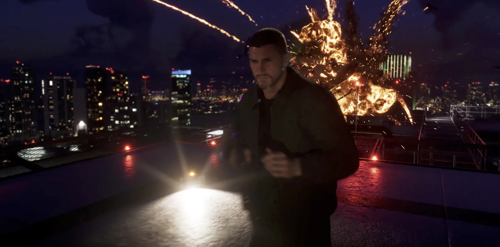 Jason runs across a rooftop at night as a helicopter explodes behind him in the GTA 6 launch trailer