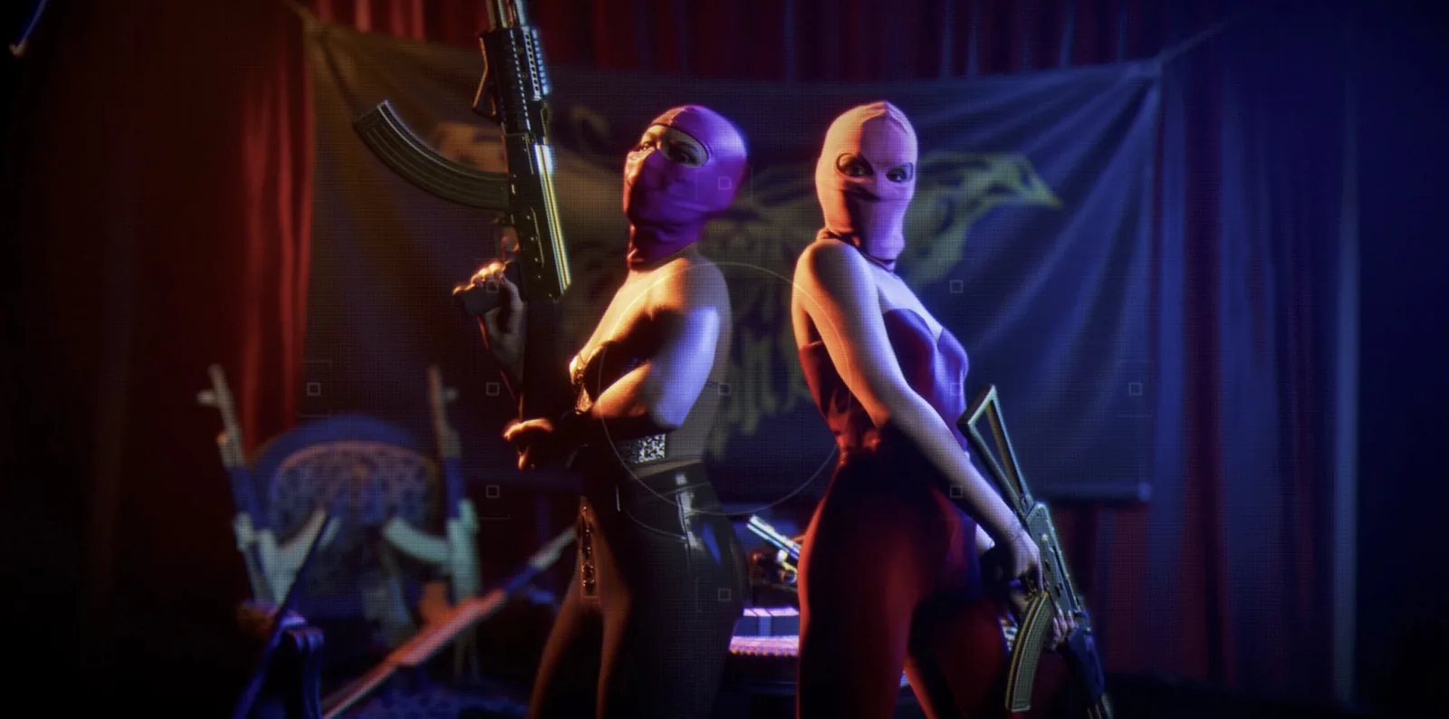 Two women in pink balaclavas hold gold AK-pattern rifles on a stage in the GTA 6 launch trailer