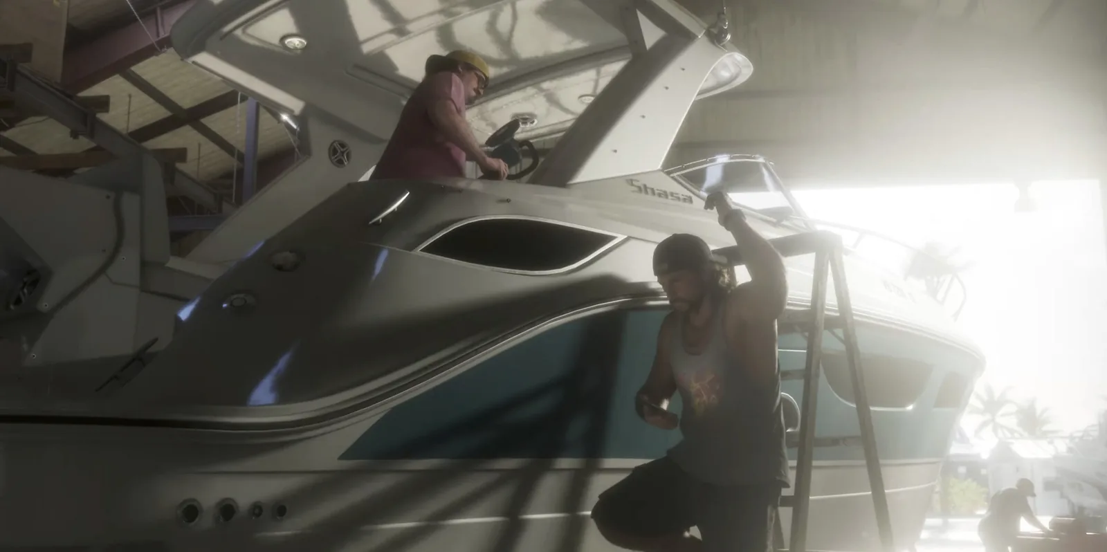 Jason polishes a white boat at Brian’s marina while a woman in pink works above him in the GTA 6 launch trailer