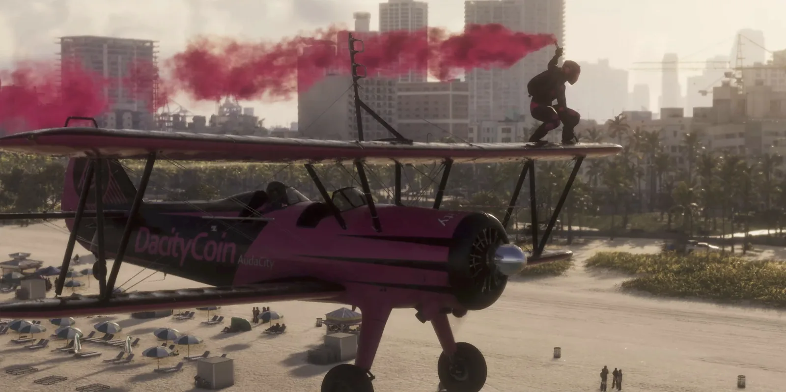 A wing-walker rides a pink DacityCoin biplane trailing smoke over a crowded GTA 6 beach