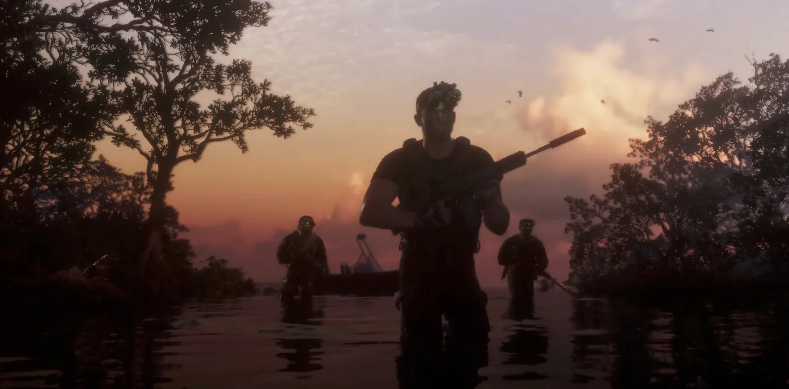 Three armed men with night-vision gear wade through a darkened swamp at dusk in the GTA 6 launch trailer