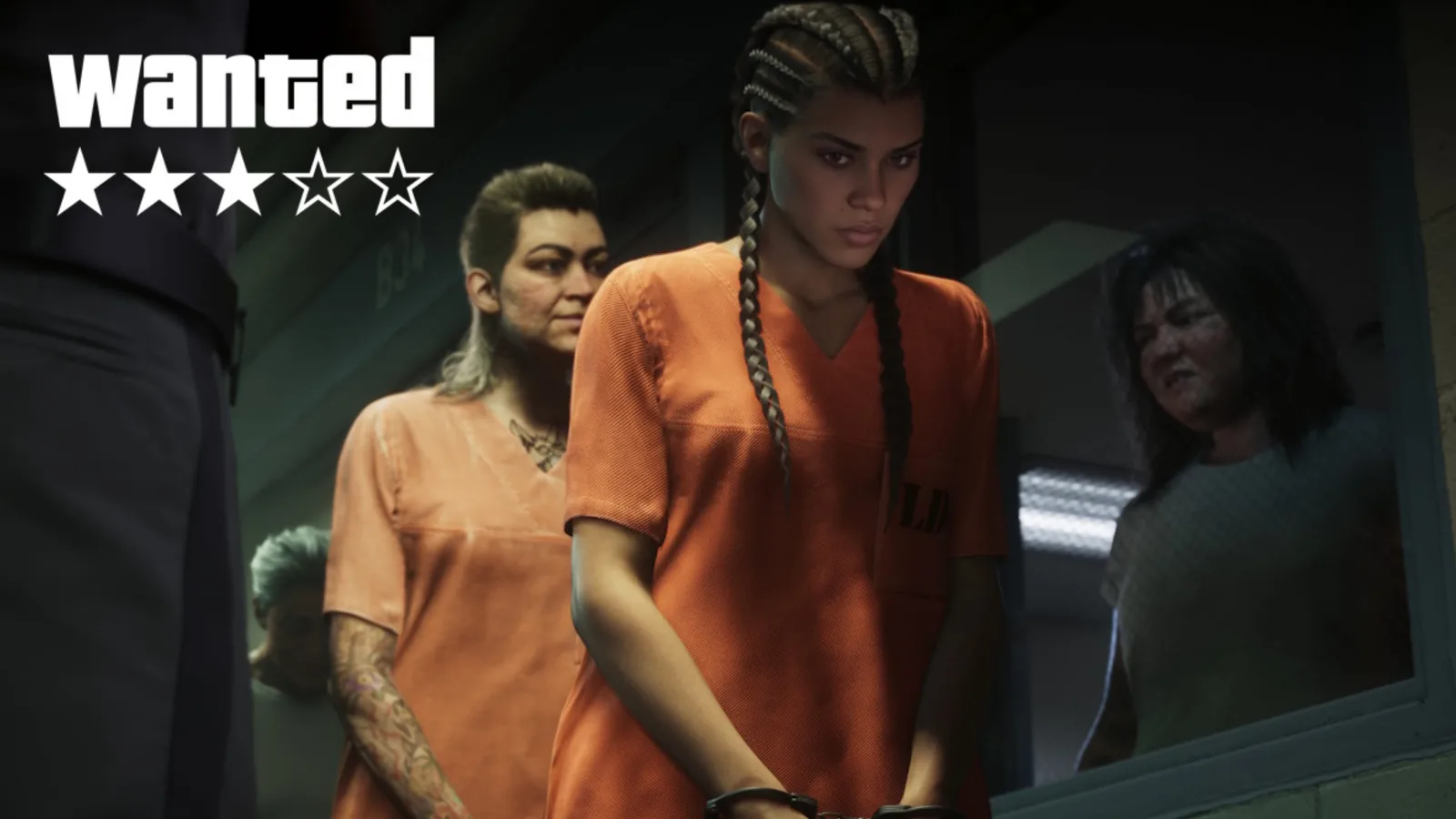 Lucia in an orange prison jumpsuit during intake with a wanted-level star graphic overlaid, illustrating the returning GTA 6 wanted system