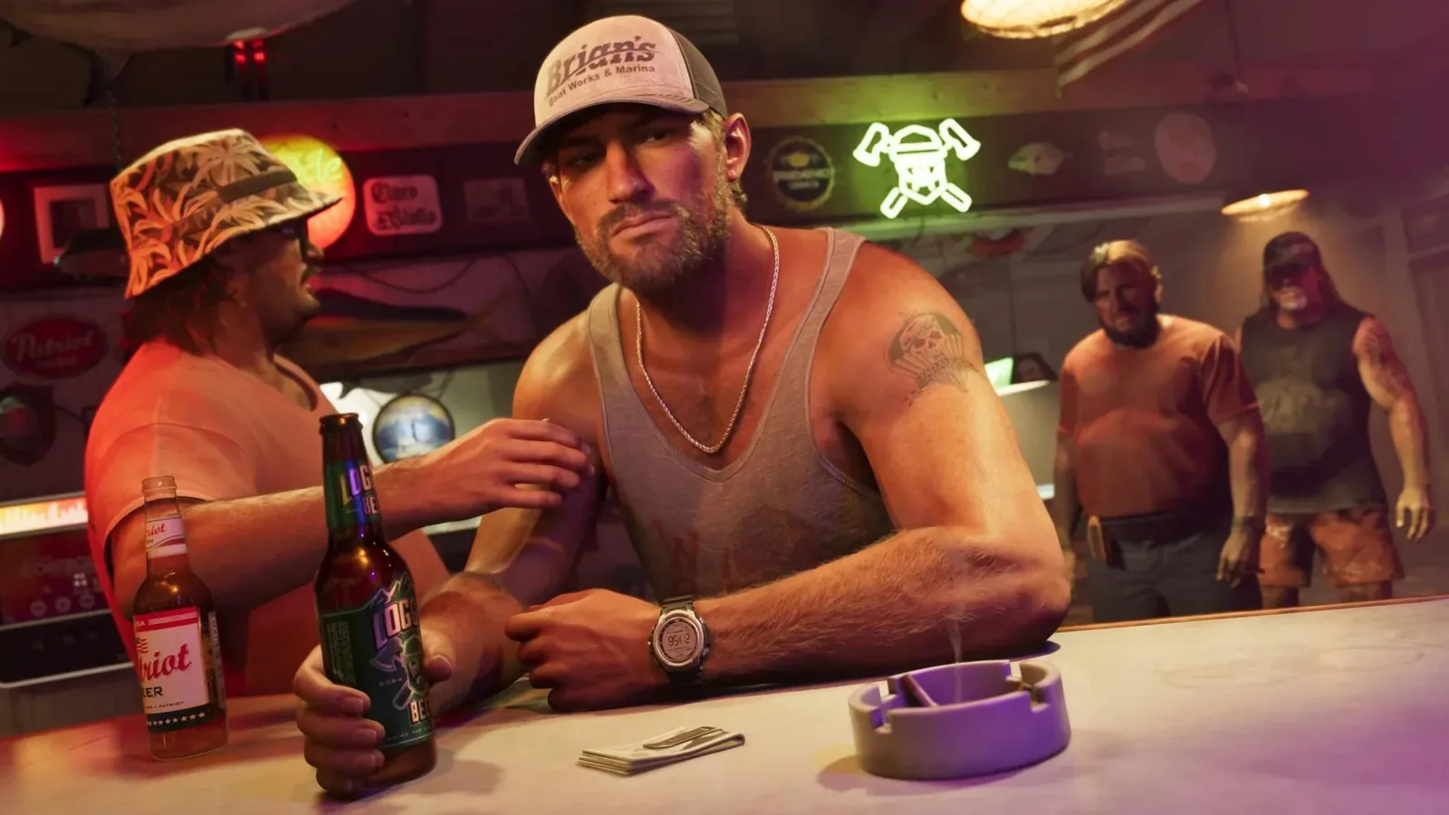 Jason in a marina cap and tank top leaning on a Leonida Keys dive bar counter with a beer beside him in an official GTA 6 screenshot