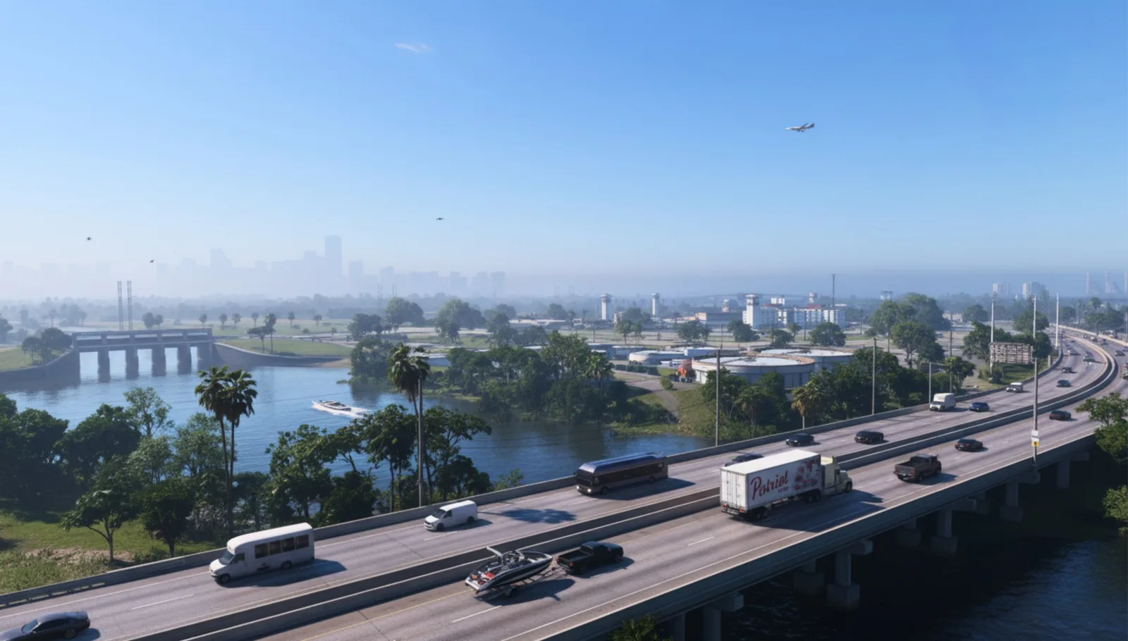 An elevated highway with mixed traffic including a Patriot semi truck crossing a bridge over a wide waterway toward a hazy Vice City skyline, illustrating the kind of intercity corridor a leaked town like Yorktown would connect to