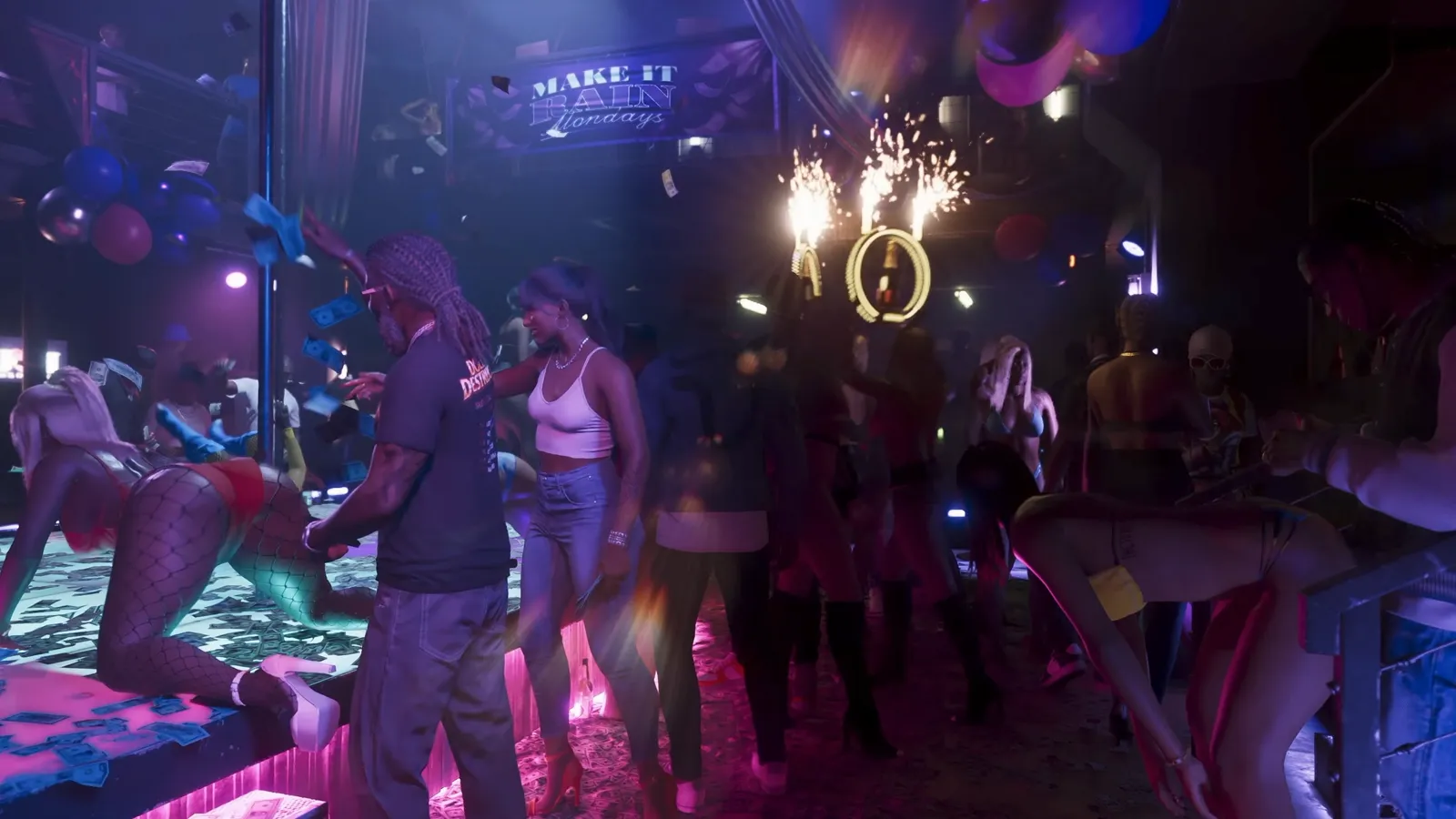 Crowded strip club interior with a Make It Rain Mondays banner, sparklers and cash falling over the stage in GTA 6
