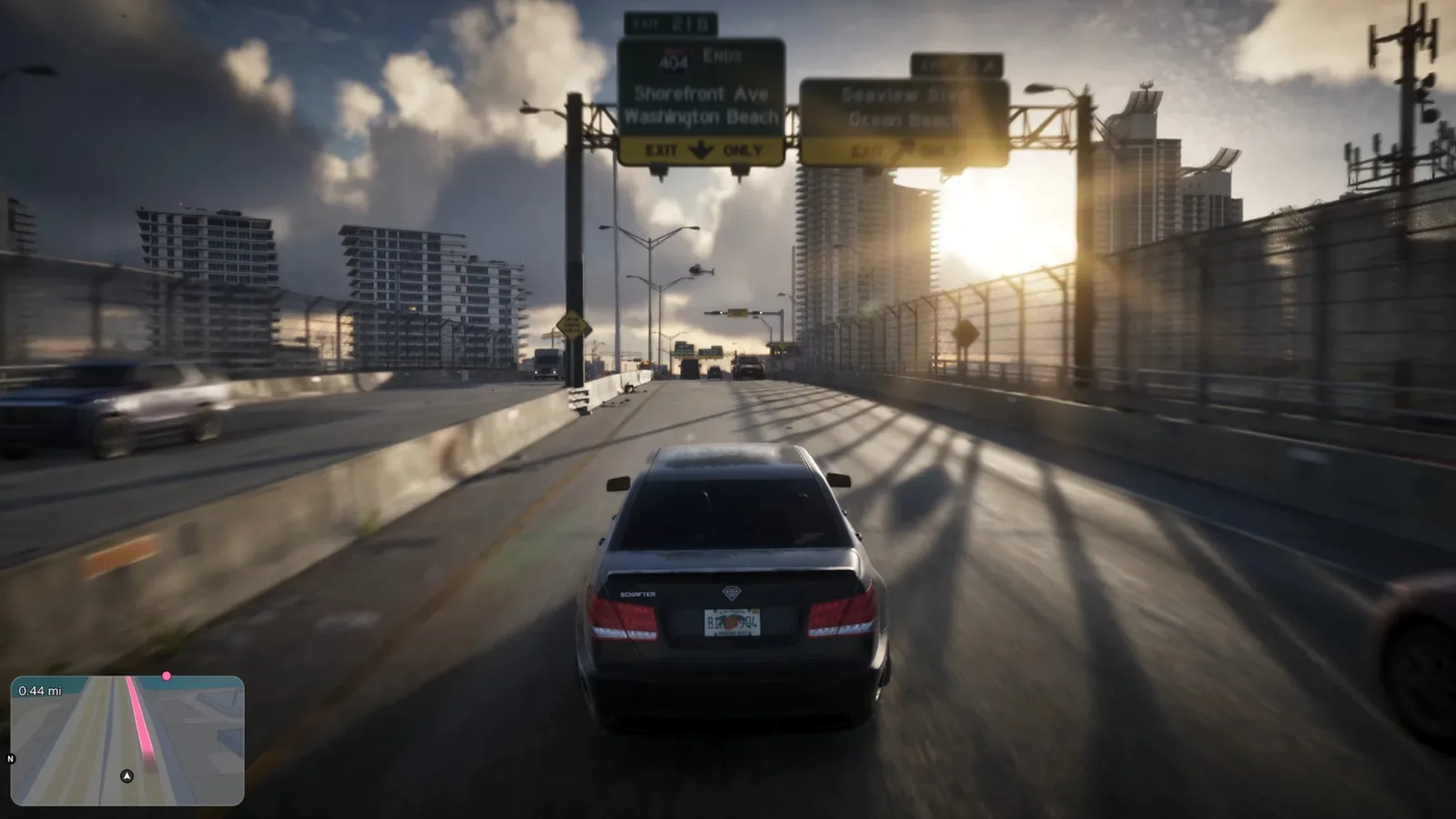 Driving into the sunset past highway exit signs for Shorefront Ave, Washington Beach and Seaview Blvd, Ocean Beach in GTA 6