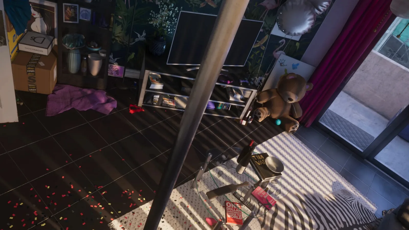 A cluttered apartment interior with a dance pole, teddy bear and confetti-strewn floor seen from above in GTA 6