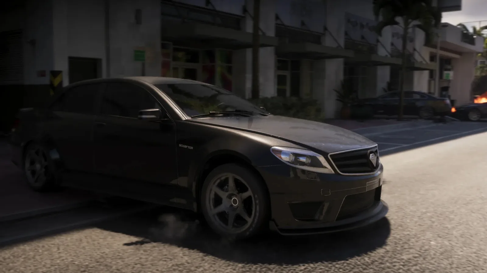 A dust-covered black Schafter saloon pulling away on a Vice City street in GTA 6