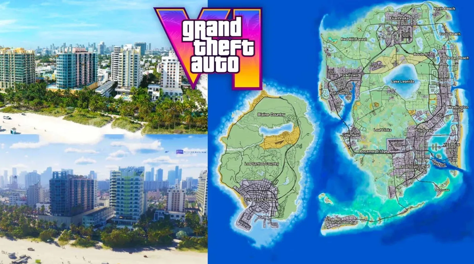 Fan-reconstructed GTA 6 map derived from 2022 leak footage and official trailer analysis, showing Vice City, Port Gellhorn, and surrounding regions