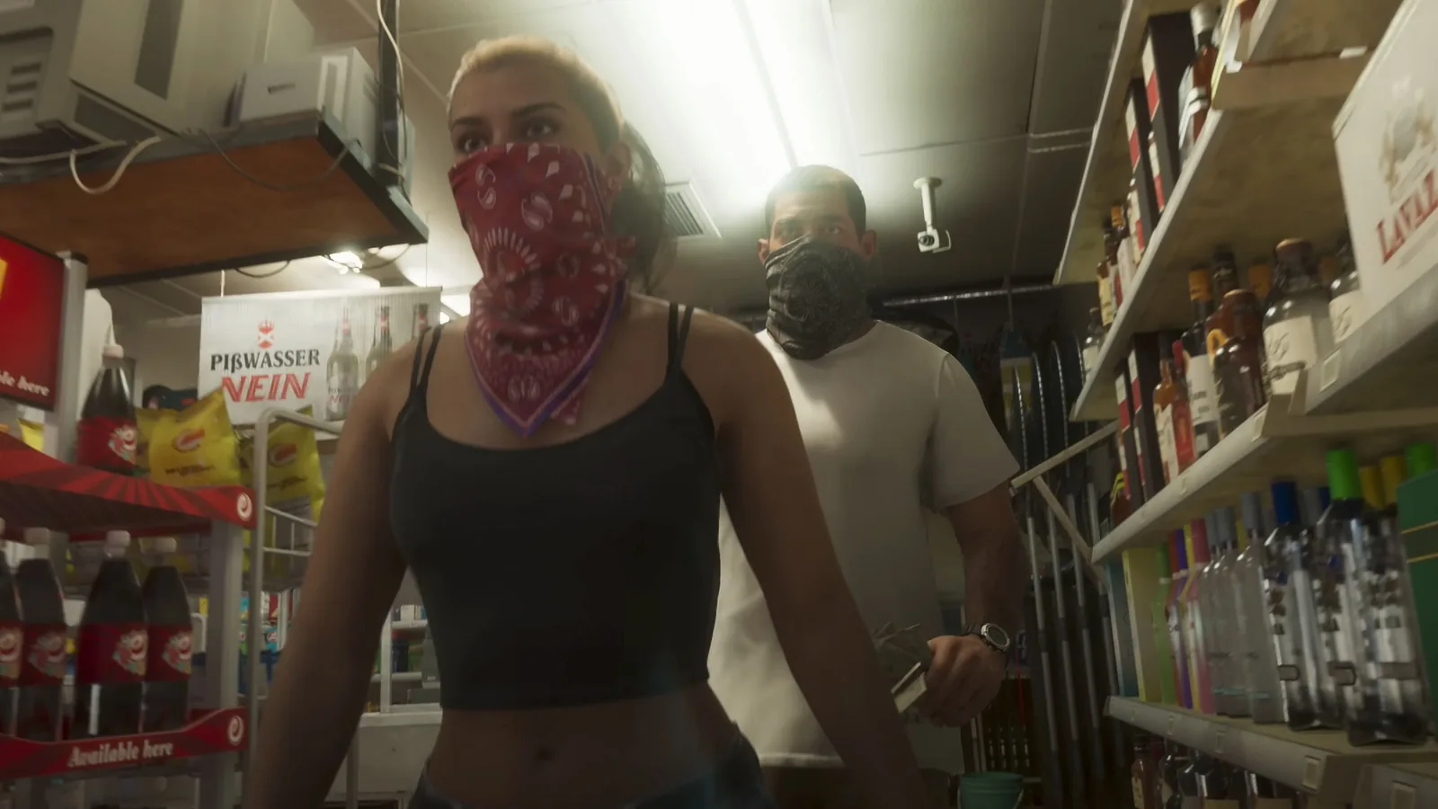 Lucia and Jason robbing a convenience store in GTA 6, an ordinary interior filled with the shelf-level asset detail AAA production now demands