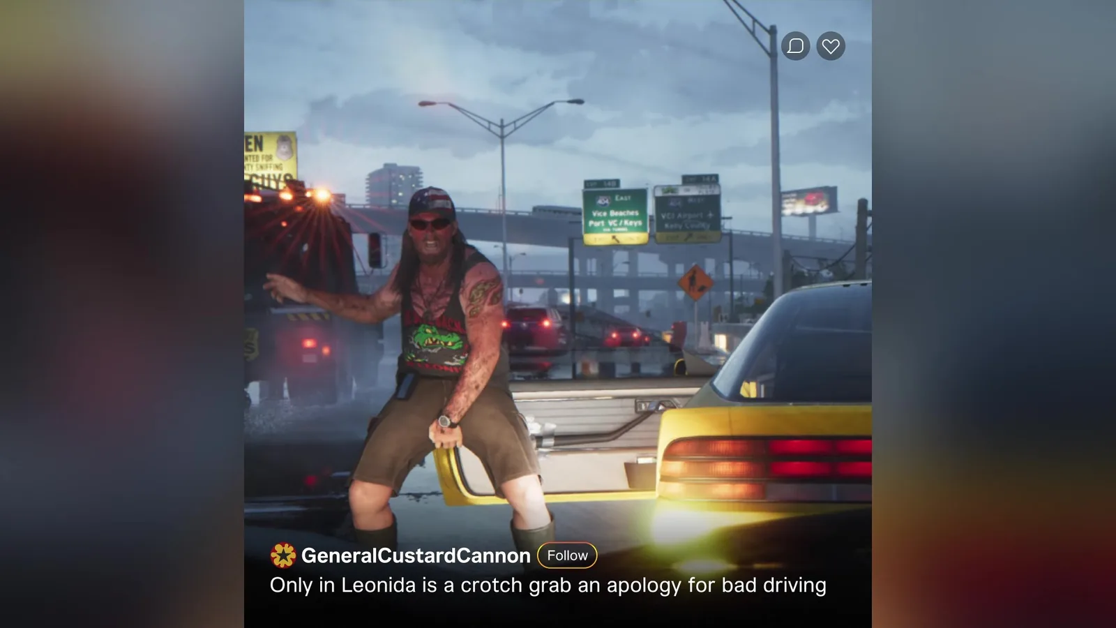 An in-game social media post from GTA 6 showing a man gesturing at traffic in Leonida, one of thousands of small in-world content pieces production teams create