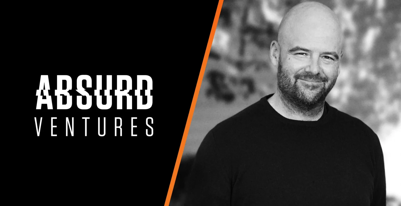 Absurd Ventures logo beside a black and white portrait of a smiling Dan Houser