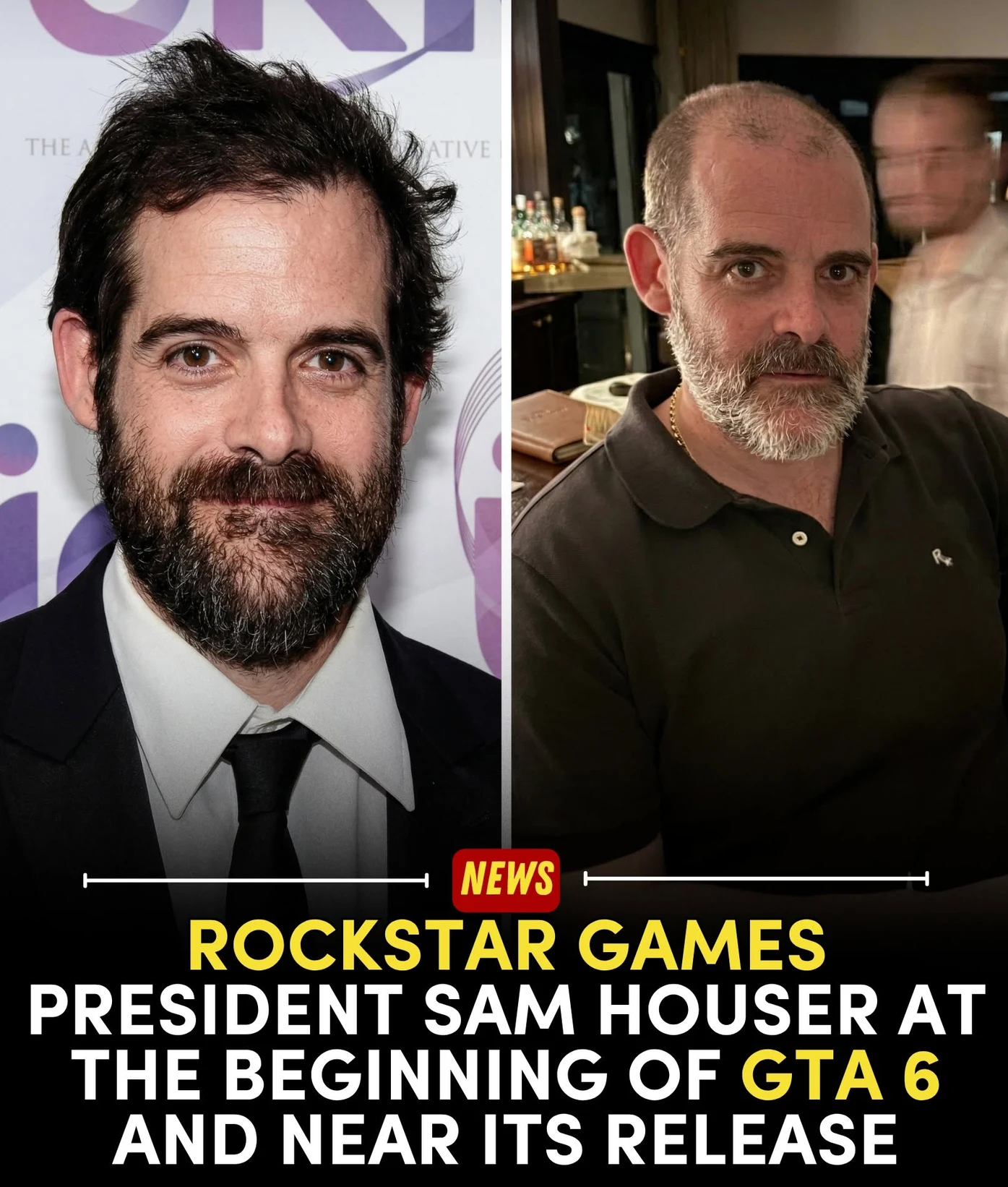Side by side photos of Rockstar president Sam Houser at the start of GTA 6 development and near its release