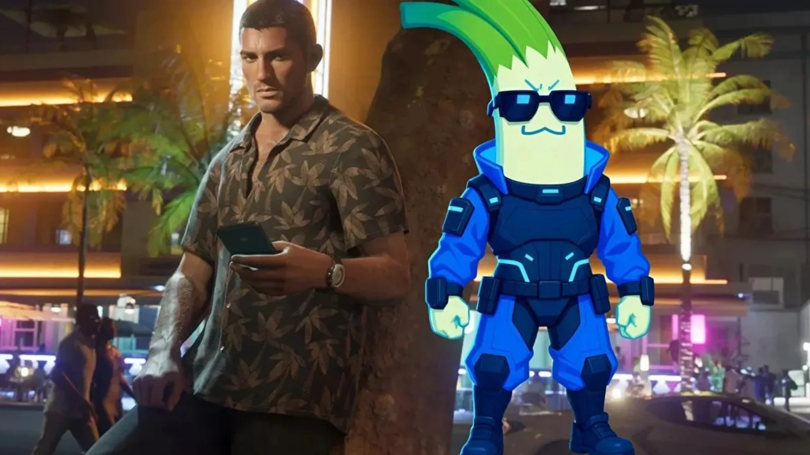 Cyberleek leek mascot standing next to Jason Duval on a palm-lined Vice City street at night