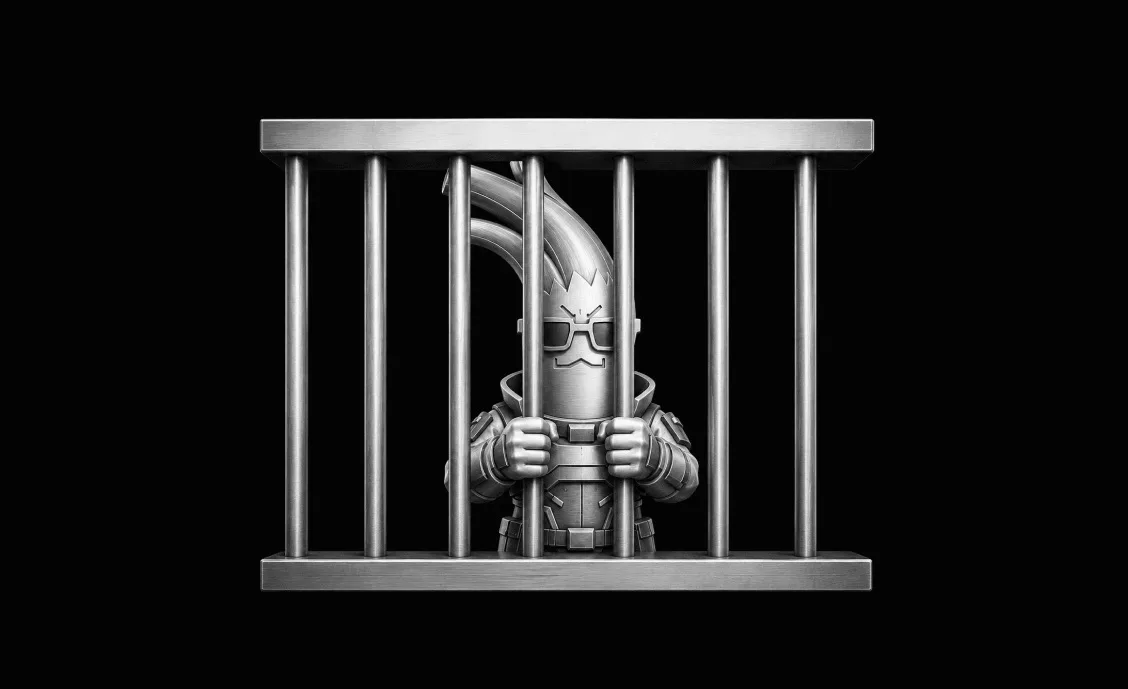 Monochrome render of the Cyberleek leek mascot gripping the bars of a jail cell