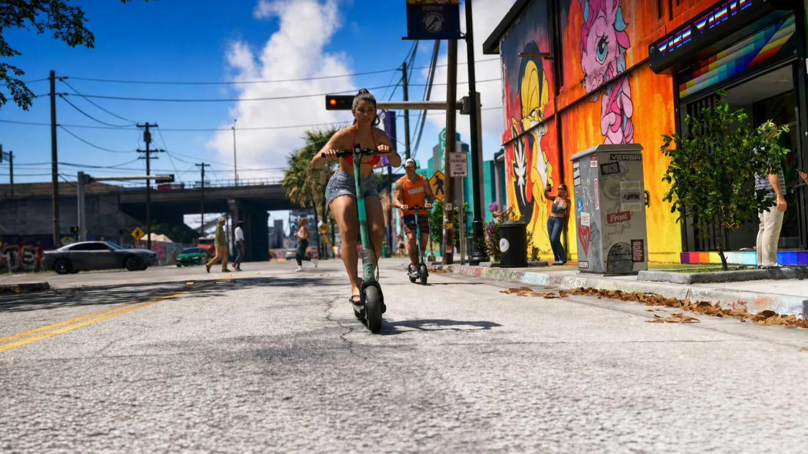 A rider on an e-scooter passing colourful murals on a Bayside street in GTA 6