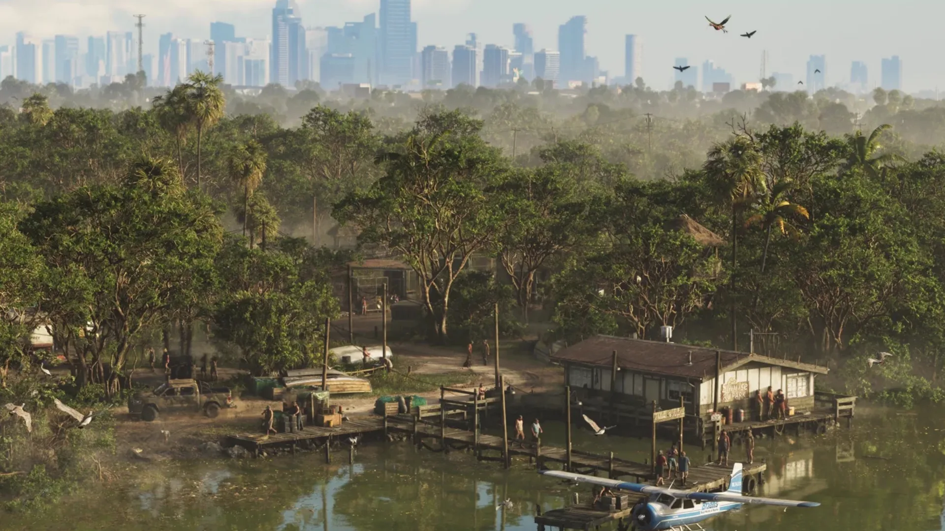 A wooden dock settlement with a seaplane on the water and a distant city skyline in GTA 6