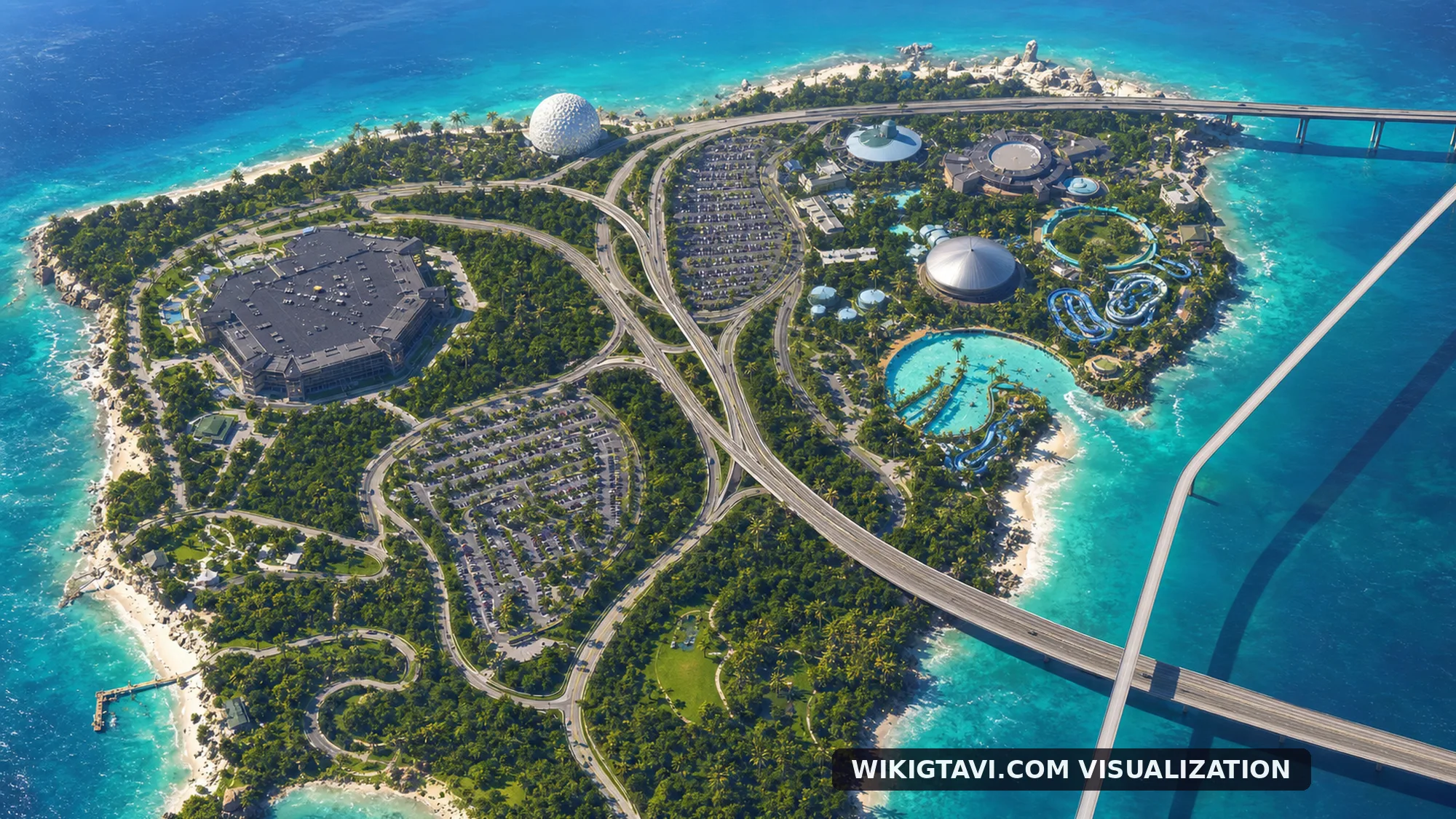 WikiGTAVI concept visualization of the Catalan Key park complex in GTA 6