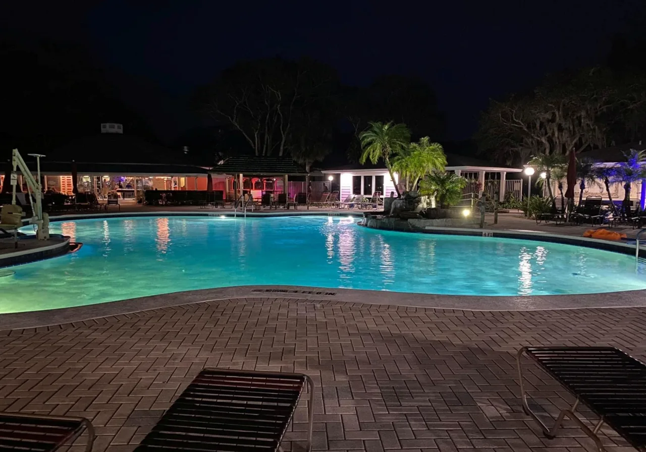 Naturist resort pool at night, Pasco County, Florida