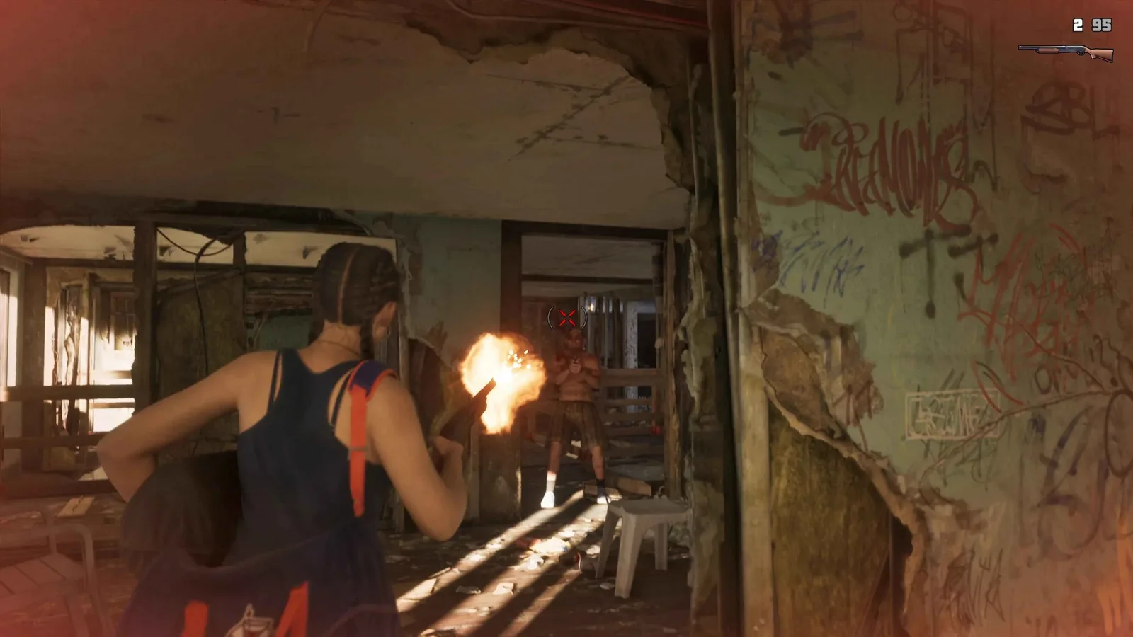 A character fires a shotgun inside a derelict building in GTA 6 with the ammo counter visible