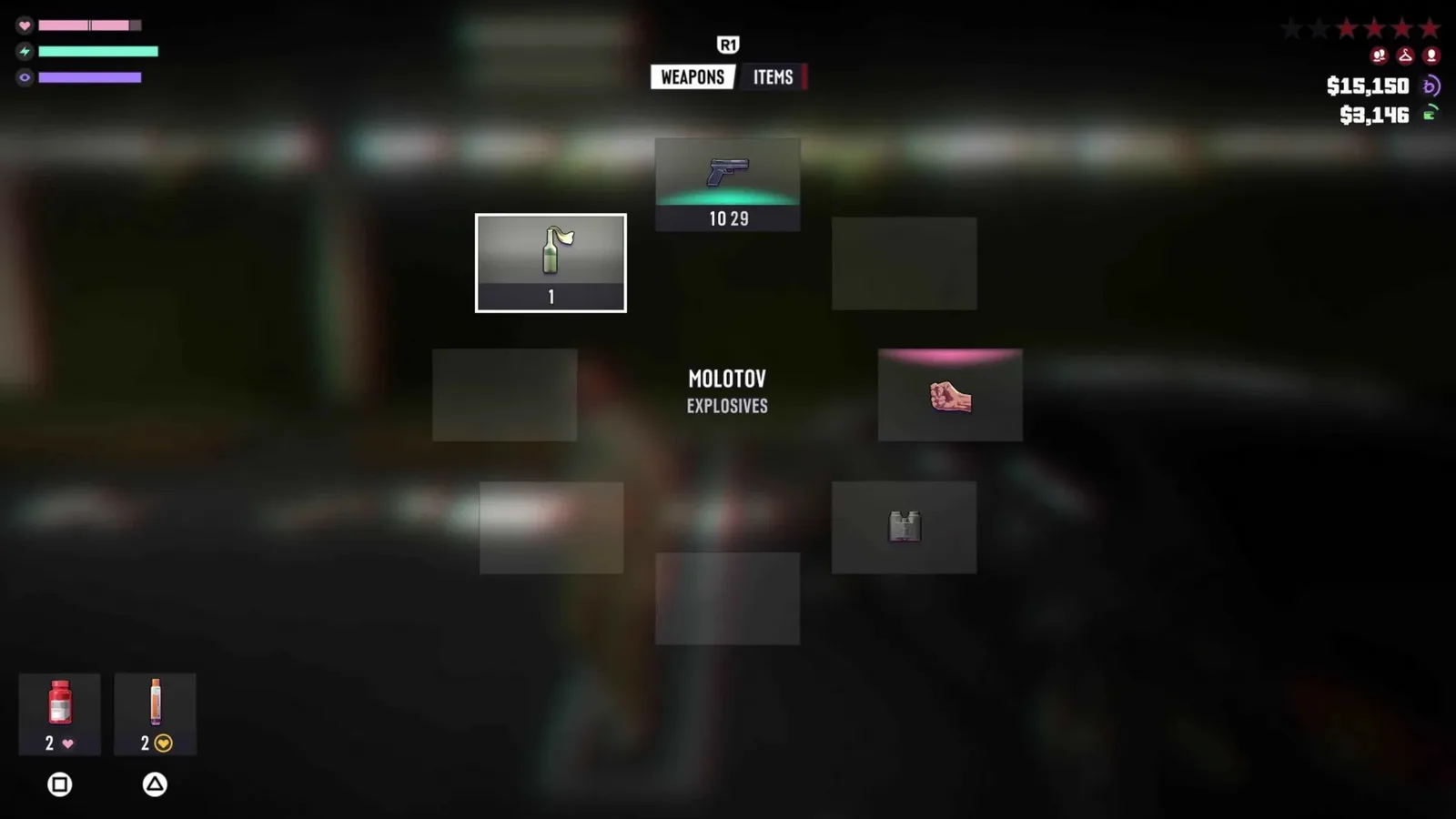 The GTA 6 weapon wheel showing separate weapons and items tabs with a Molotov selected