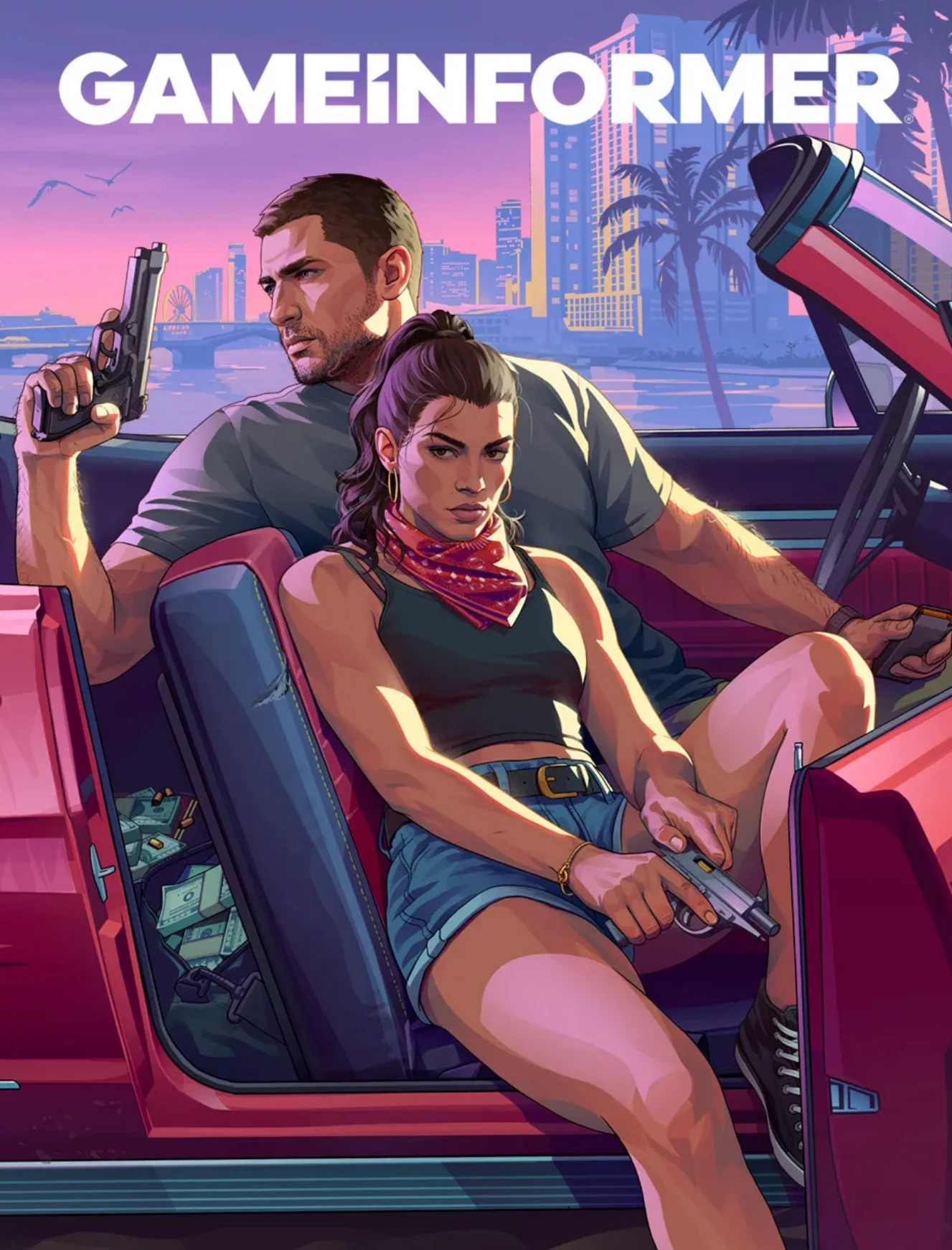 The portrait Game Informer Issue 382 cover with Lucia in the foreground and Jason raising a pistol behind her