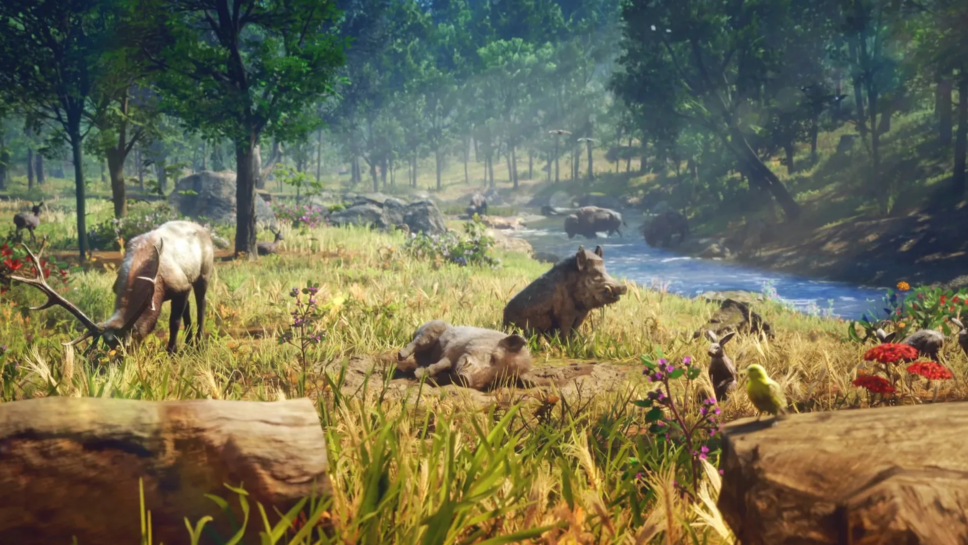 Deer, wild boars and a hare gather in tall grass by a forest creek in northern Leonida in GTA 6