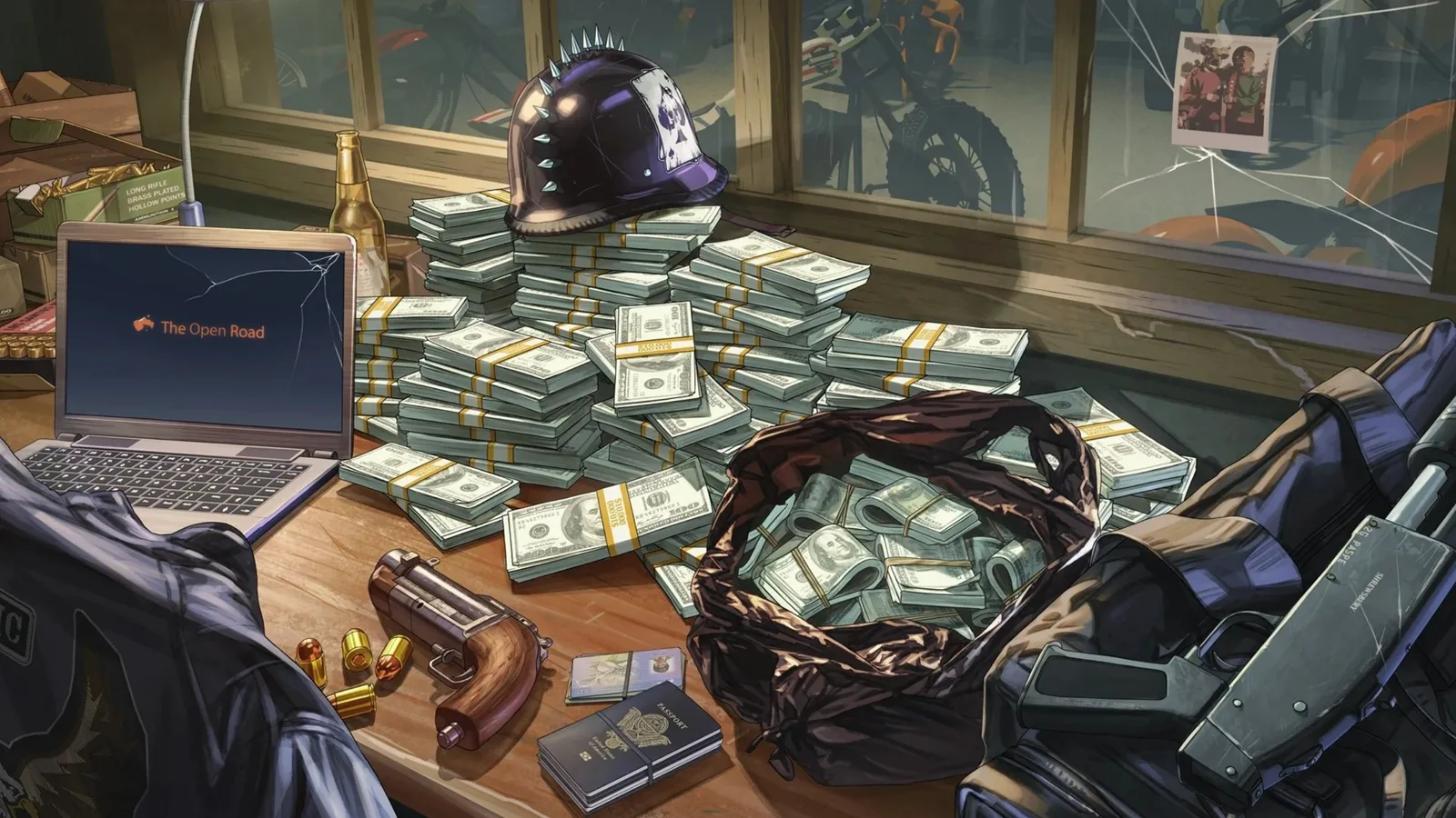 Artwork of a desk piled with cash stacks, a pistol and a laptop in GTA 6 style