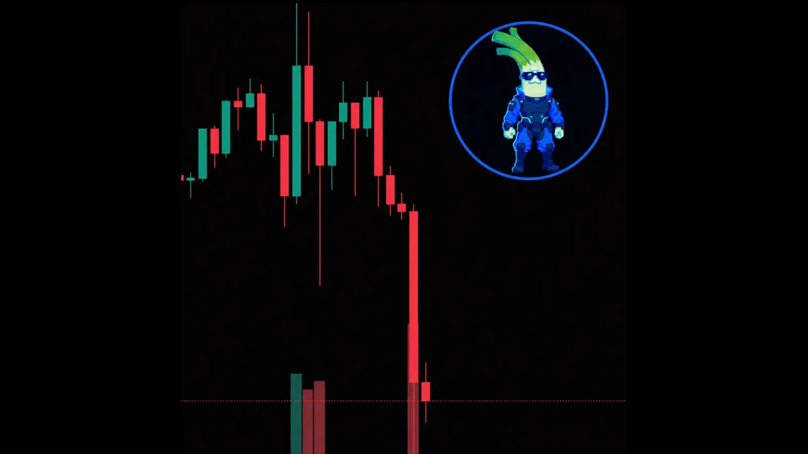 Candlestick chart of the CYBERLEEK token collapsing after the rug pull, with a leek mascot logo in the corner