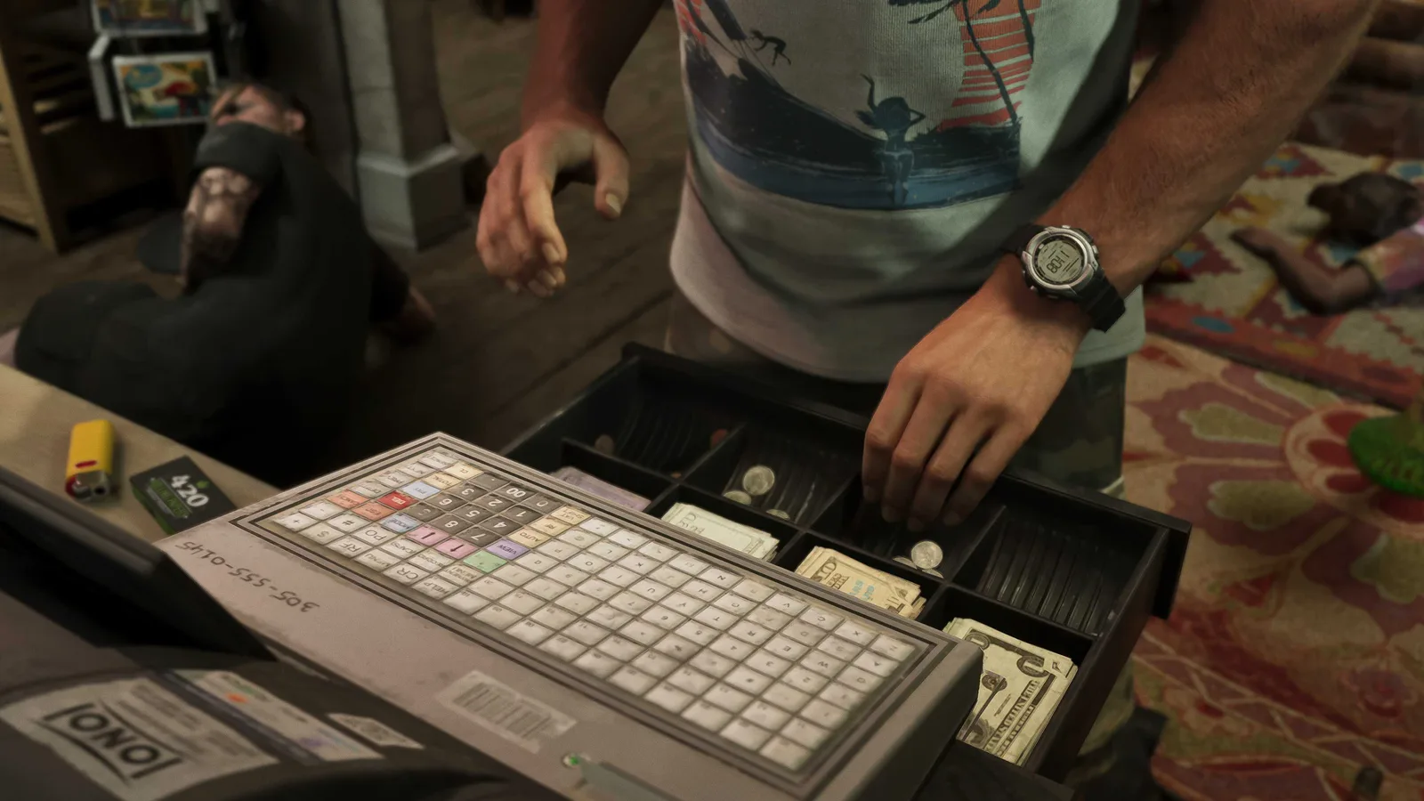 Hands counting cash in an open register drawer in a GTA 6 scene