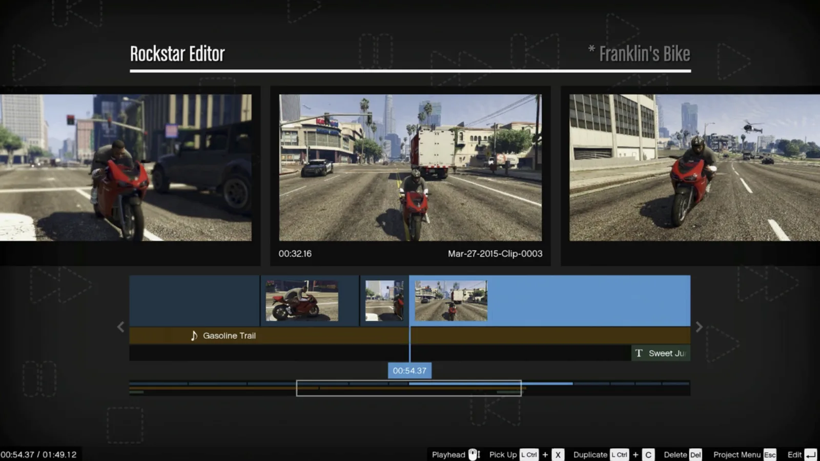 The Rockstar Editor timeline interface from GTA 5 with clips of Franklin’s bike