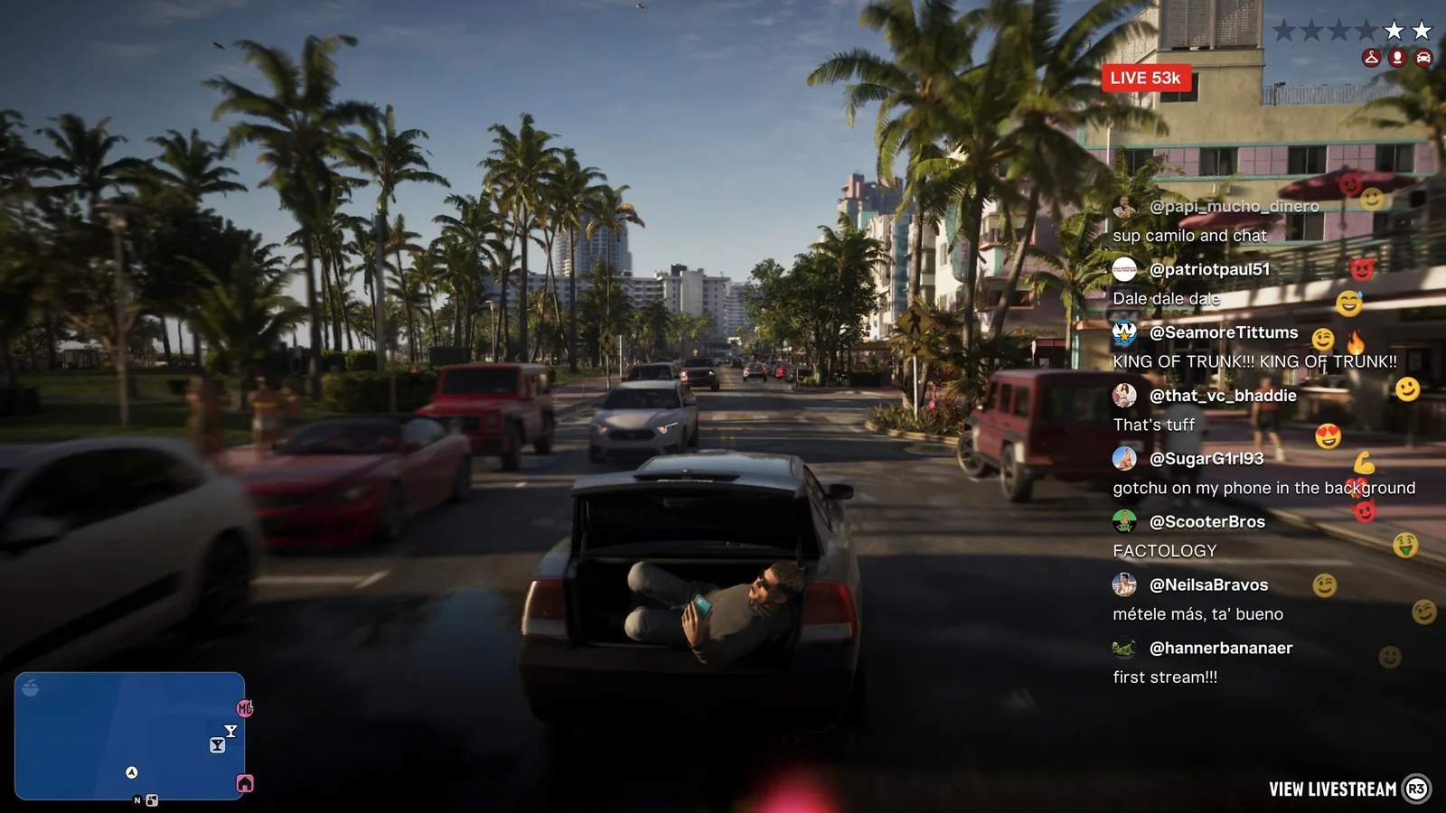 A GTA 6 livestream overlay with live chat reacting while a person lies in an open car trunk